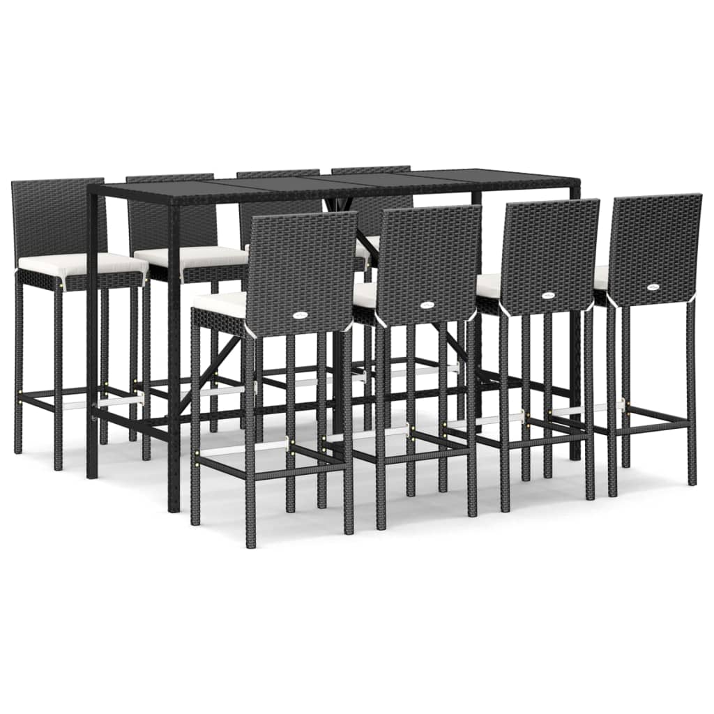 9 Piece Garden Bar Set with Cushions Black Poly Rattan