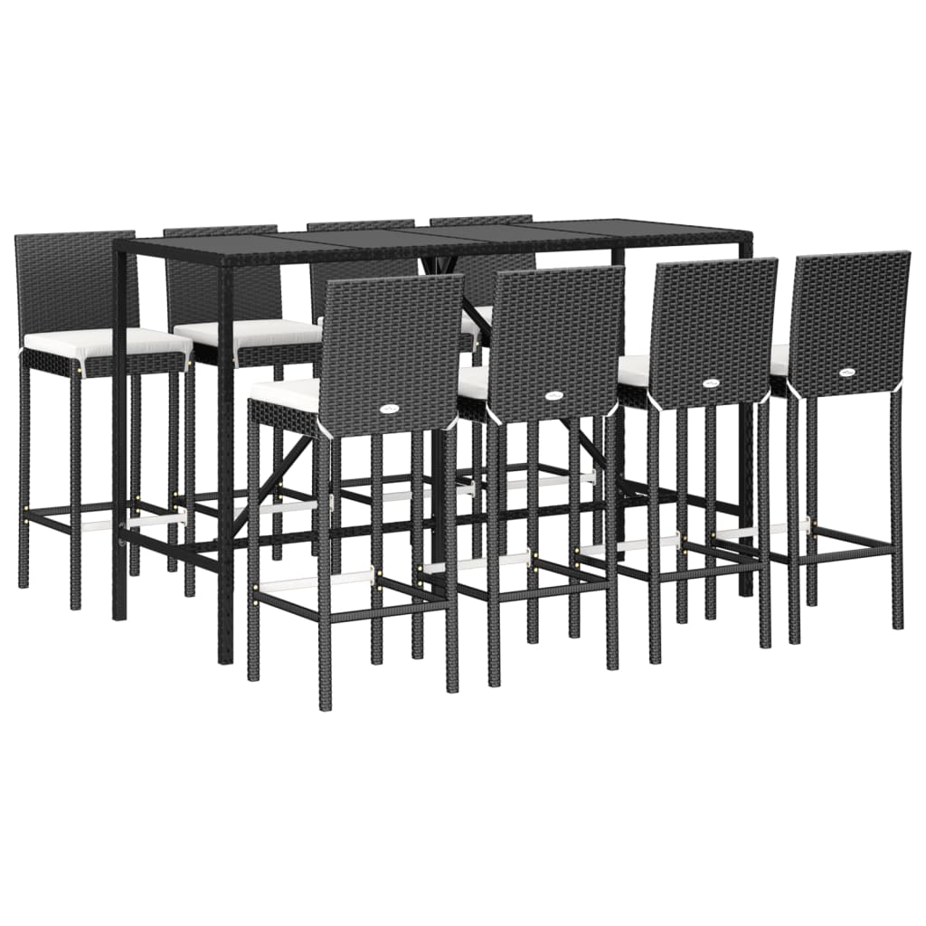 9 Piece Garden Bar Set with Cushions Black Poly Rattan