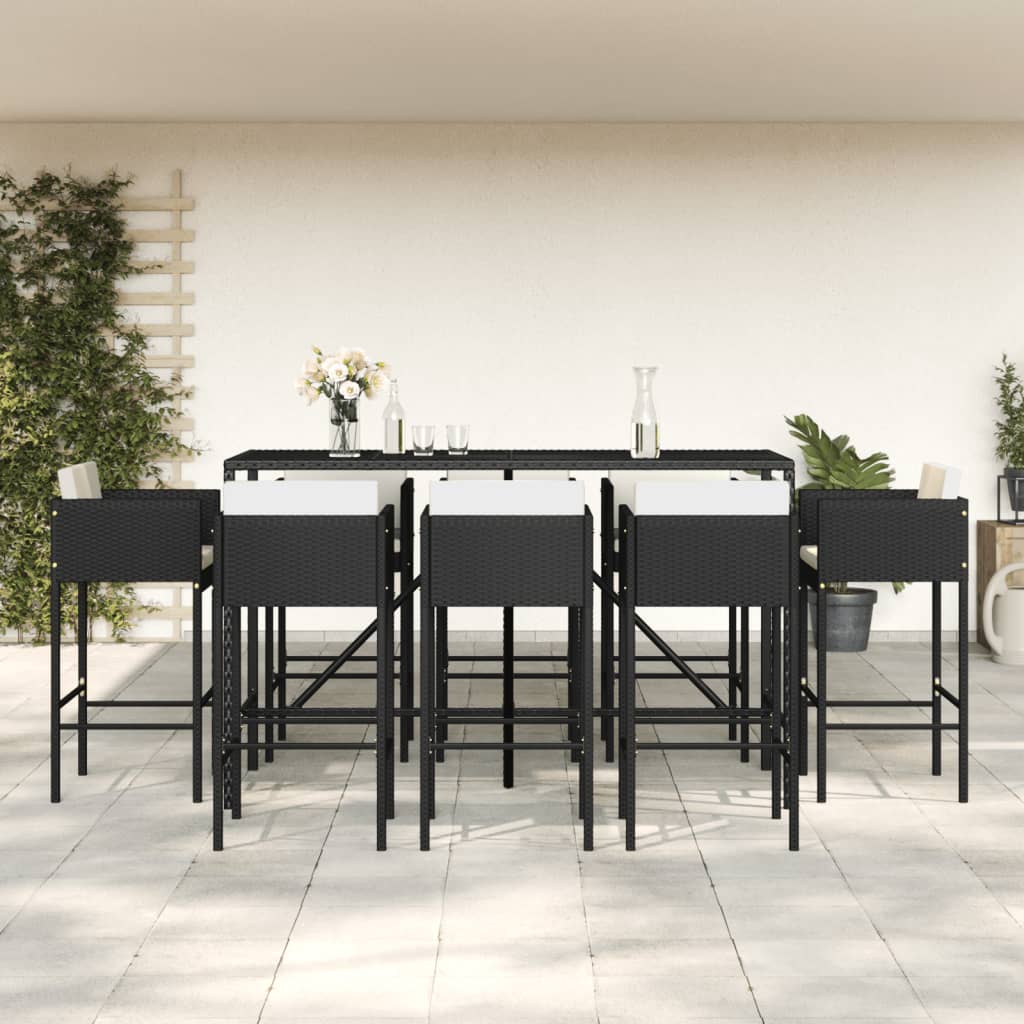 9 Piece Garden Bar Set with Cushions Black Poly Rattan