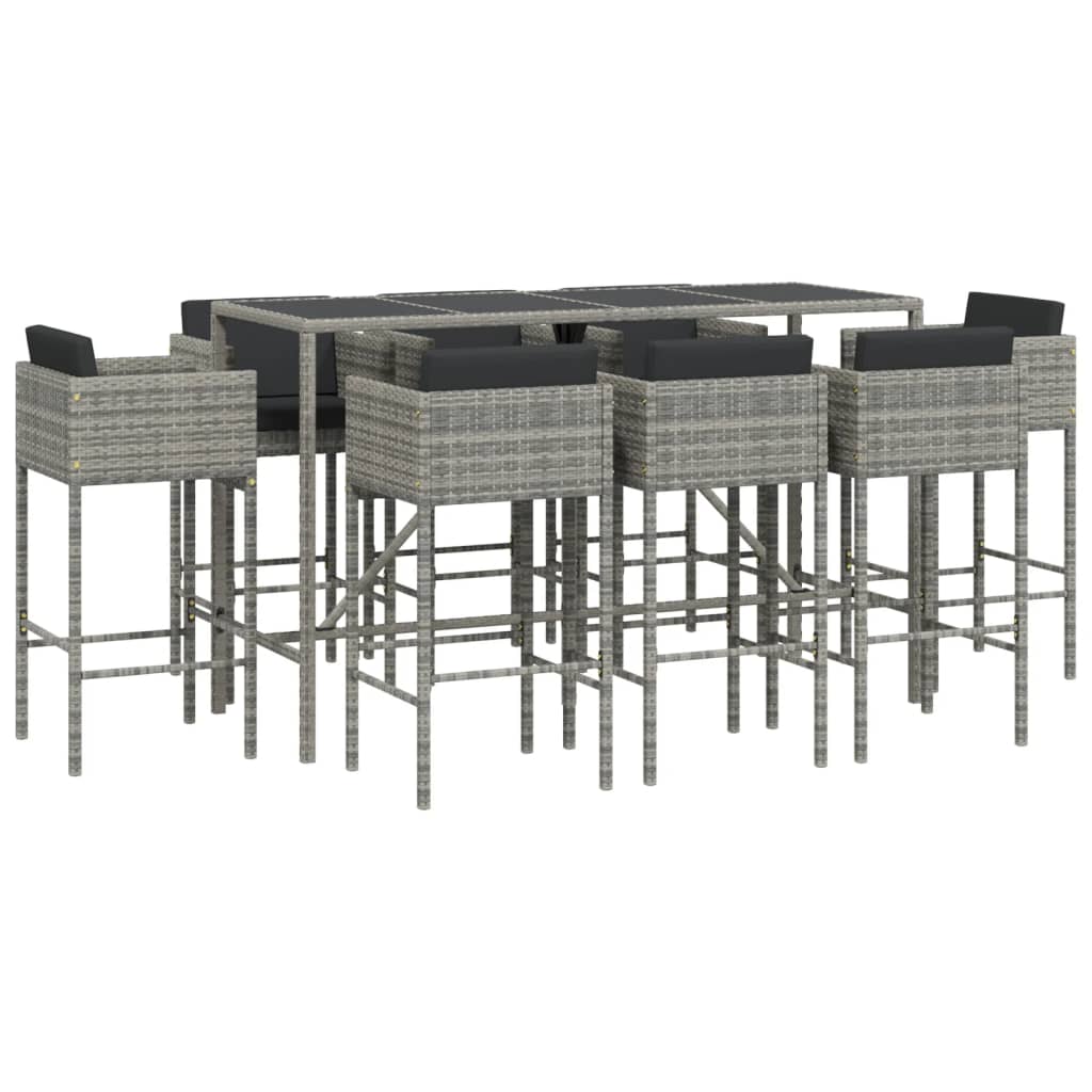 9 Piece Garden Bar Set with Cushions Grey Poly Rattan