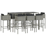 9 Piece Garden Bar Set with Cushions Grey Poly Rattan