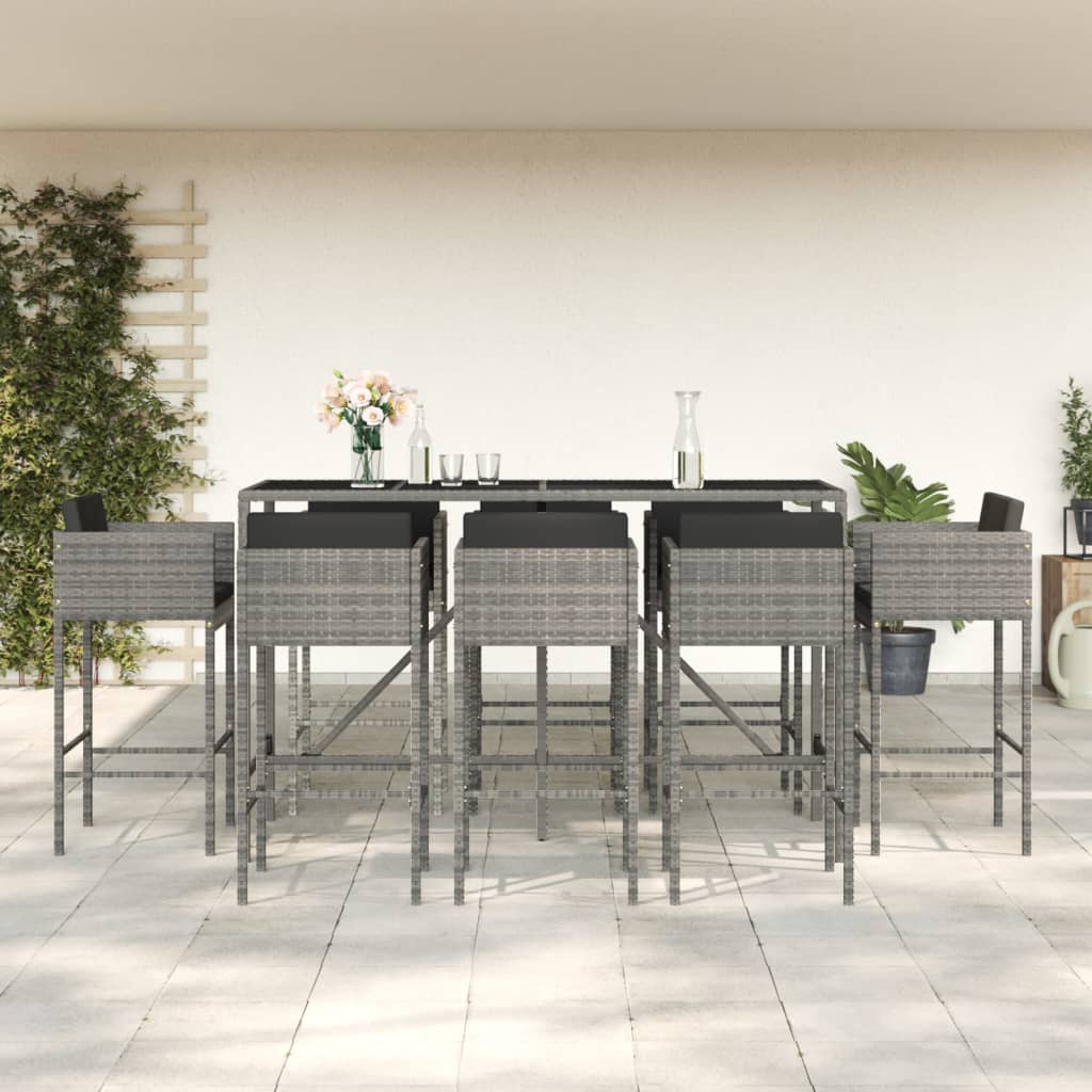 9 Piece Garden Bar Set with Cushions Grey Poly Rattan