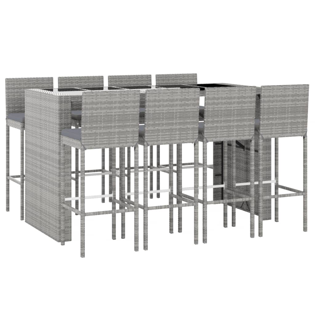 9 Piece Garden Bar Set with Cushions Grey Poly Rattan