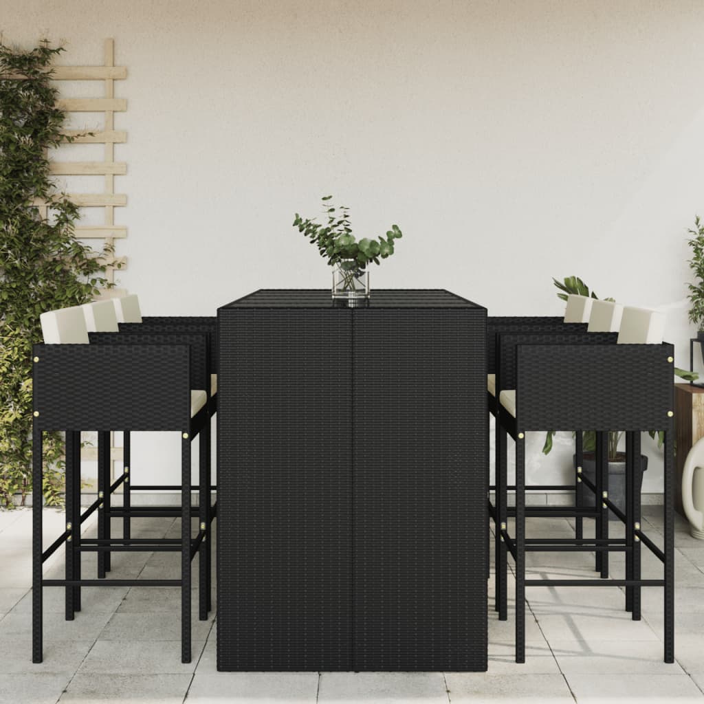 7 Piece Garden Bar Set with Cushions Black Poly Rattan