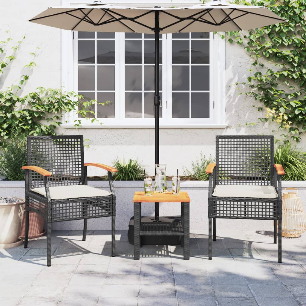 3 Piece Bistro Set with Cushions Black Poly Rattan Acacia Wood