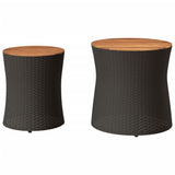 Garden Side Tables 2 pcs with Wooden Top Black Poly Rattan