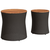 Garden Side Tables 2 pcs with Wooden Top Black Poly Rattan