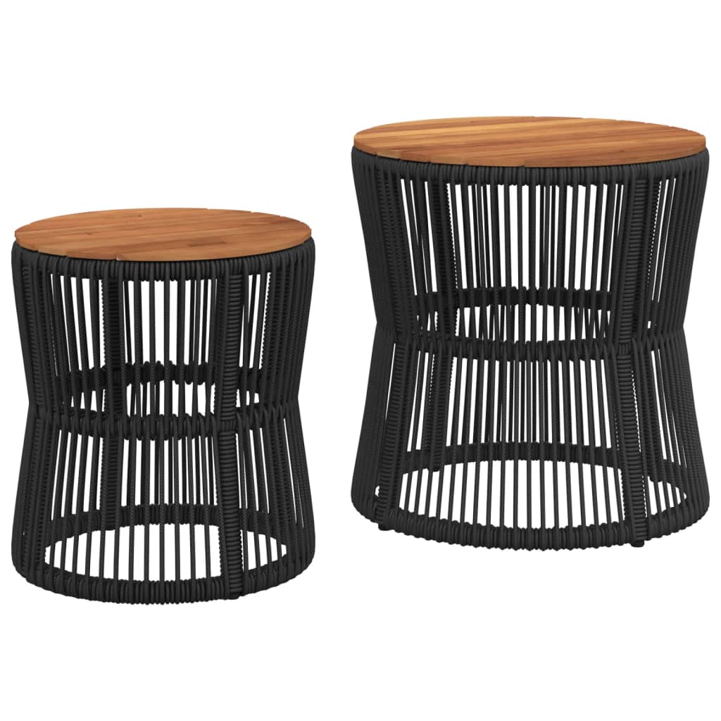 Garden Side Tables 2 pcs with Wooden Top Black Poly Rattan