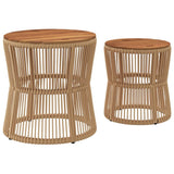 Garden Side Tables 2 pcs with Wooden Top Beige Poly Rattan