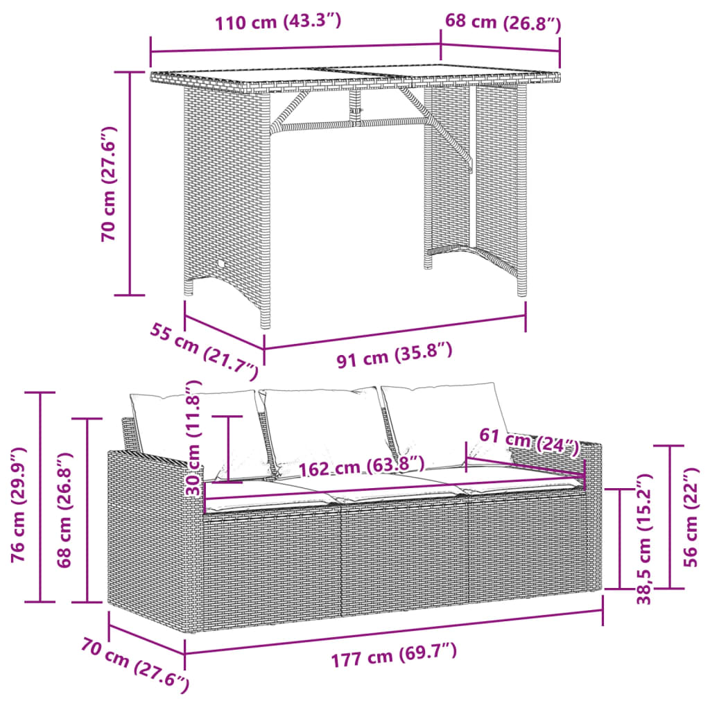 2 Piece Garden Dining Set with Cushions Light Grey Poly Rattan