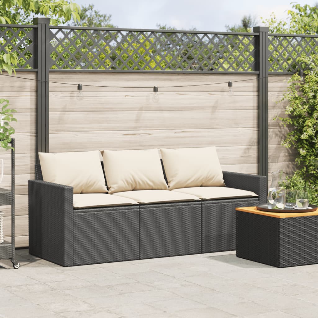 Garden Sofa with Cushions 3-Seater Black Poly Rattan