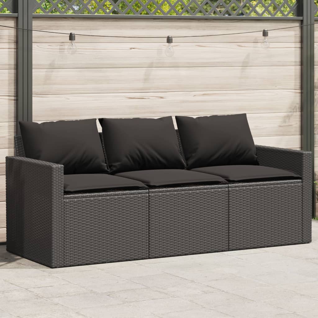 Garden Sofa with Cushions 3-Seater Black Poly Rattan