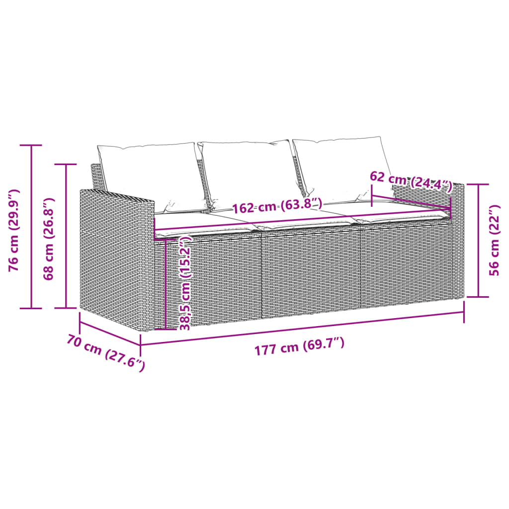 Garden Sofa with Cushions 3-Seater Light Grey Poly Rattan