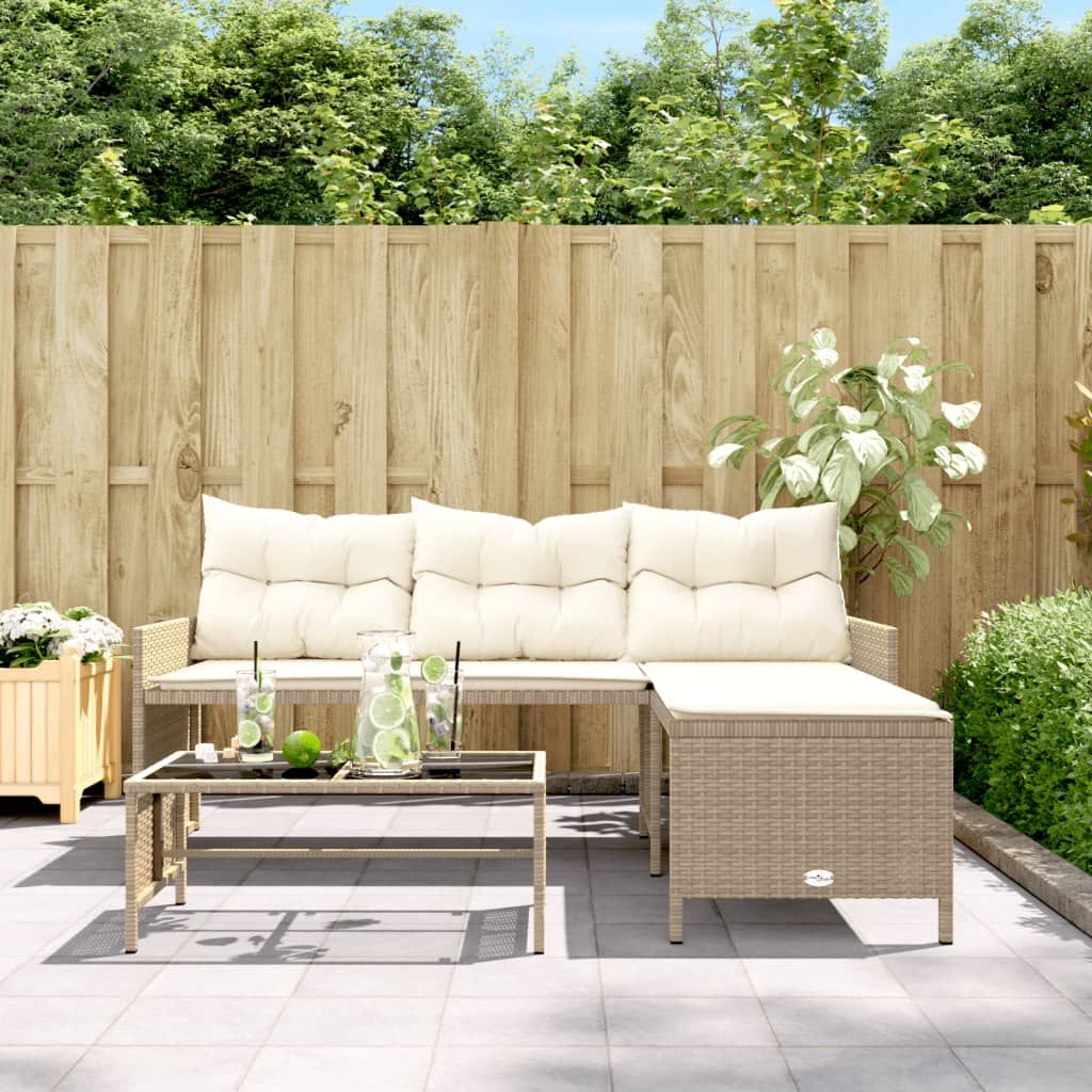 Garden Sofa with Table and Cushions L-Shaped Beige Poly Rattan