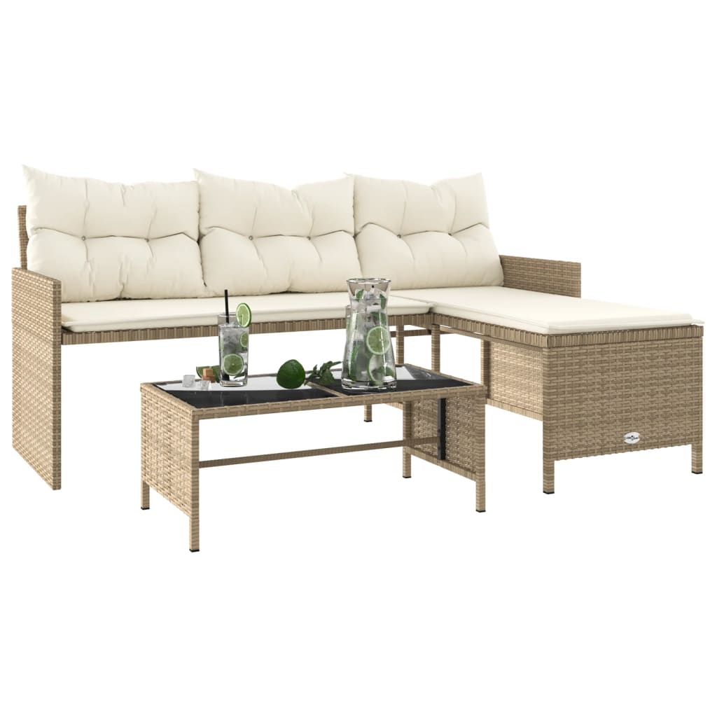 Garden Sofa with Table and Cushions L-Shaped Beige Poly Rattan