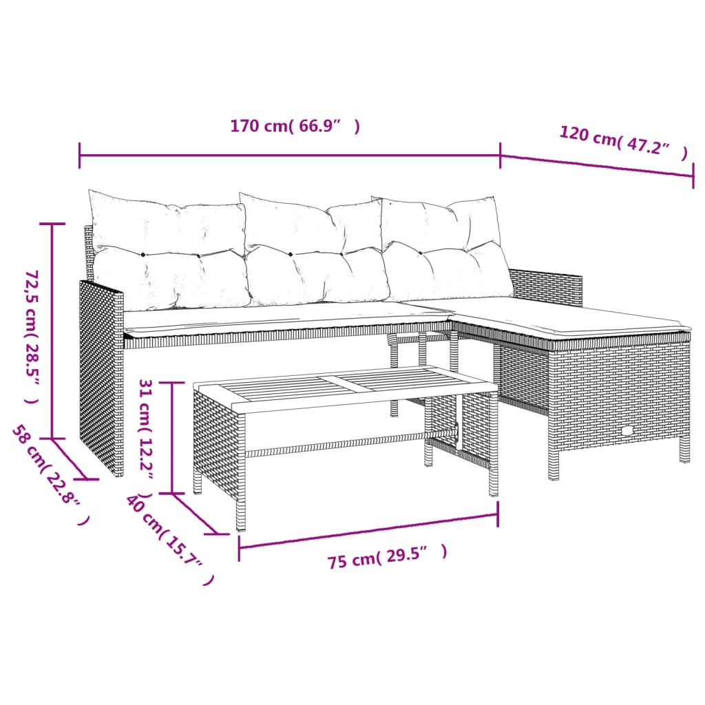 Garden Sofa with Table and Cushions L-Shaped Grey Poly Rattan