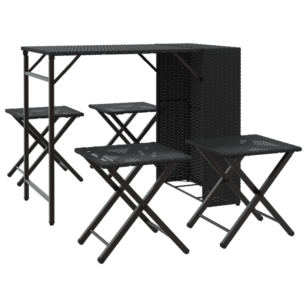 5 Piece Garden Dining Set Foldable Black Poly Rattan