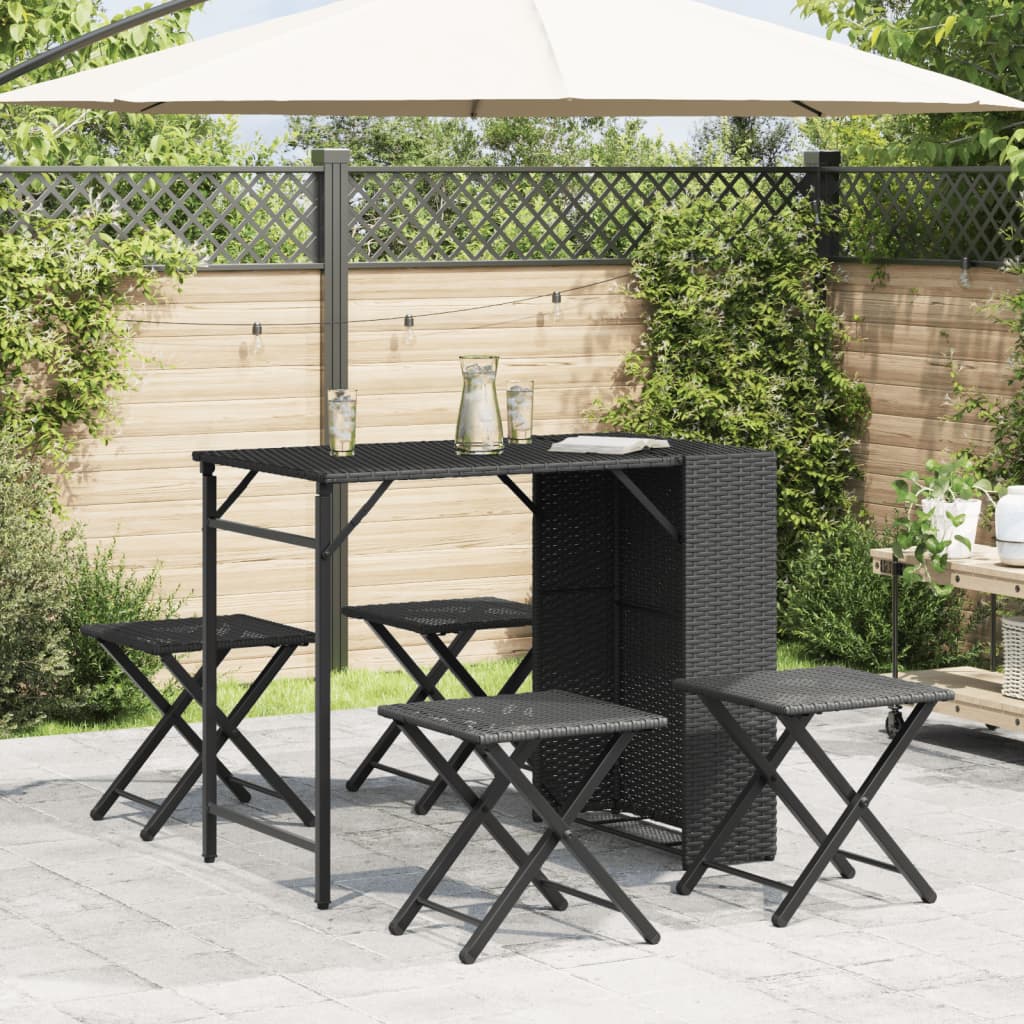 5 Piece Garden Dining Set Foldable Black Poly Rattan