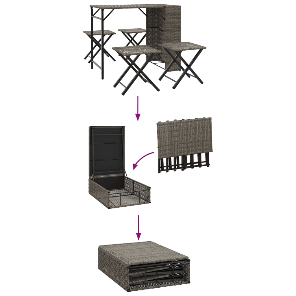 5 Piece Garden Dining Set Foldable Grey Poly Rattan