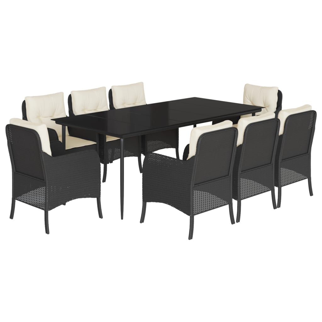 9 Piece Garden Dining Set with Cushions Black Poly Rattan