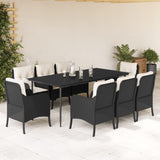 9 Piece Garden Dining Set with Cushions Black Poly Rattan