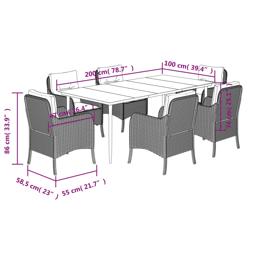 7 Piece Garden Dining Set with Cushions Brown Poly Rattan
