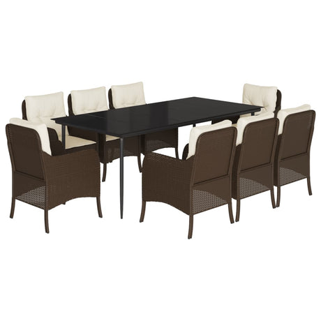 9 Piece Garden Dining Set with Cushions Brown Poly Rattan