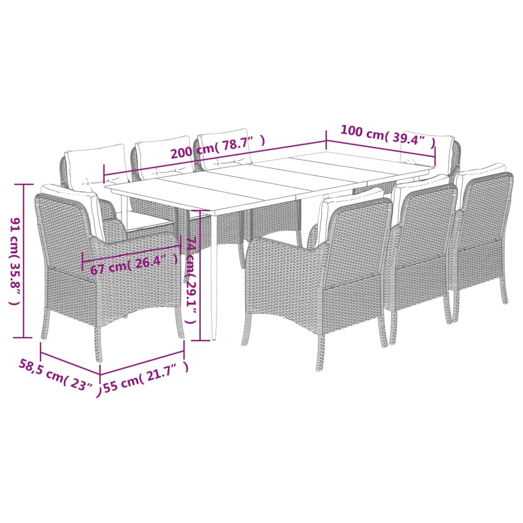 9 Piece Garden Dining Set with Cushions Brown Poly Rattan