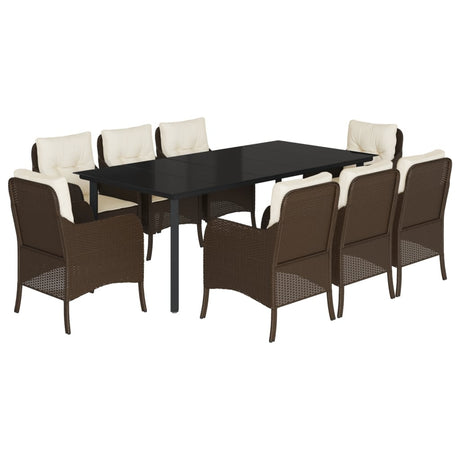 9 Piece Garden Dining Set with Cushions Brown Poly Rattan