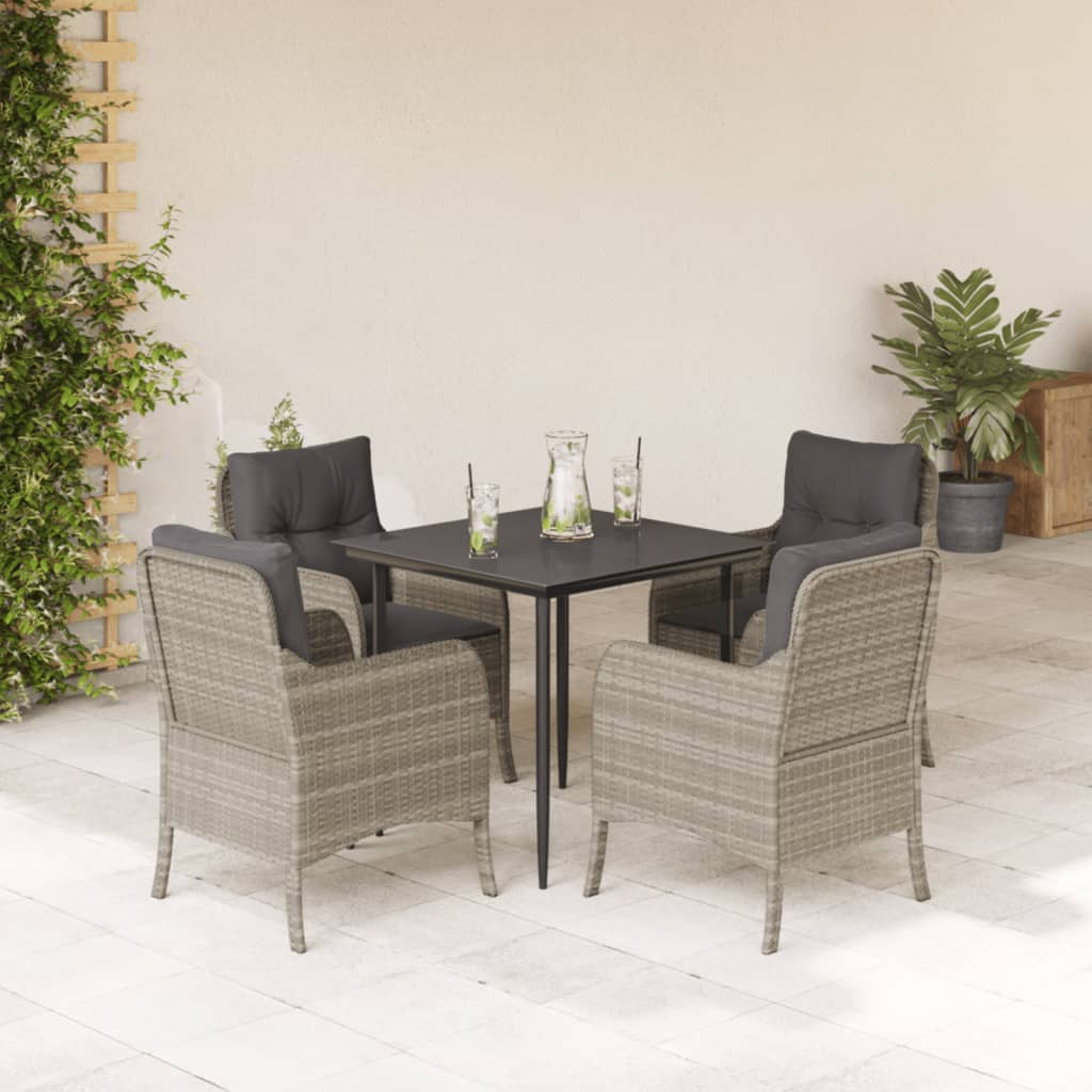5 Piece Garden Dining Set with Cushions Light Grey Poly Rattan