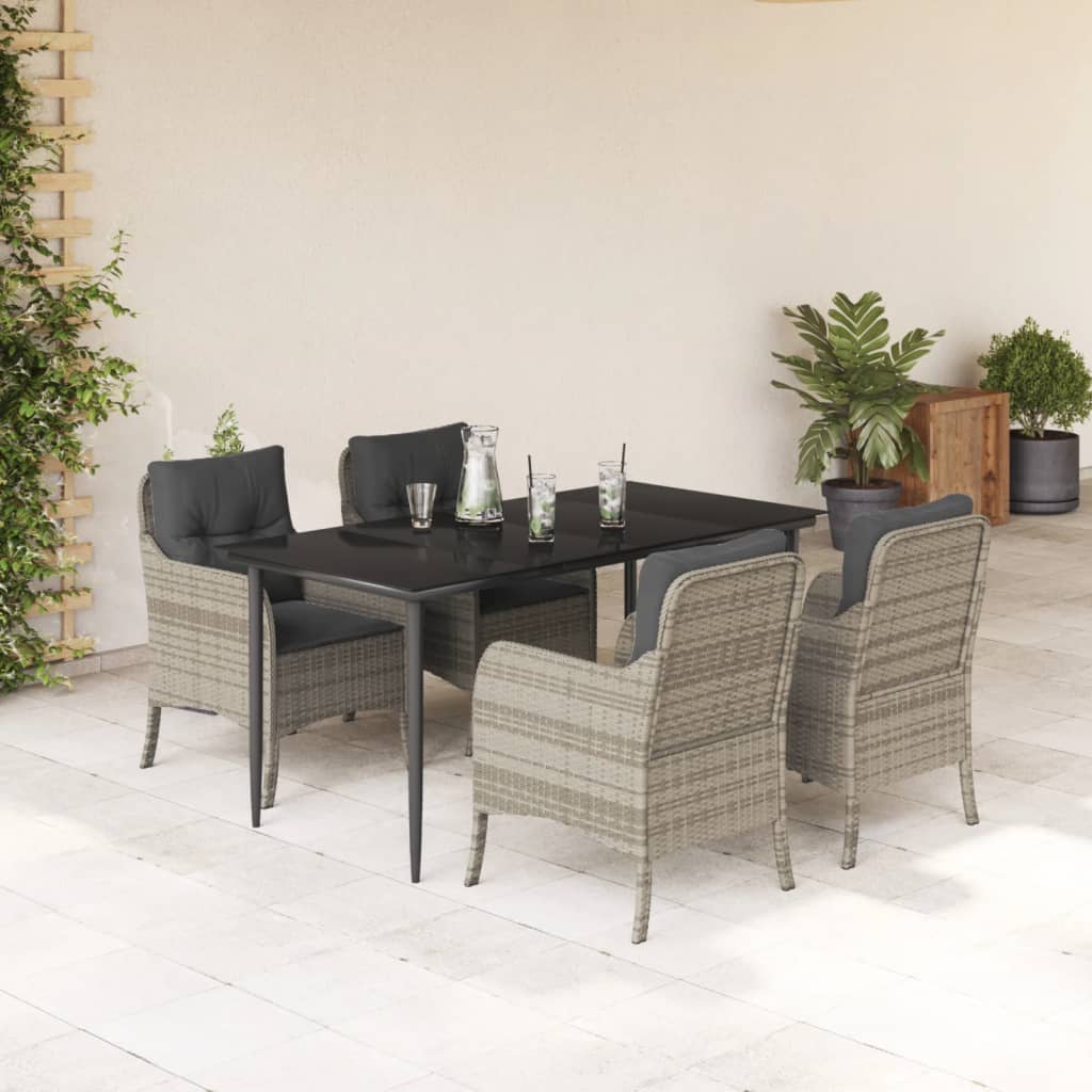 5 Piece Garden Dining Set with Cushions Light Grey Poly Rattan