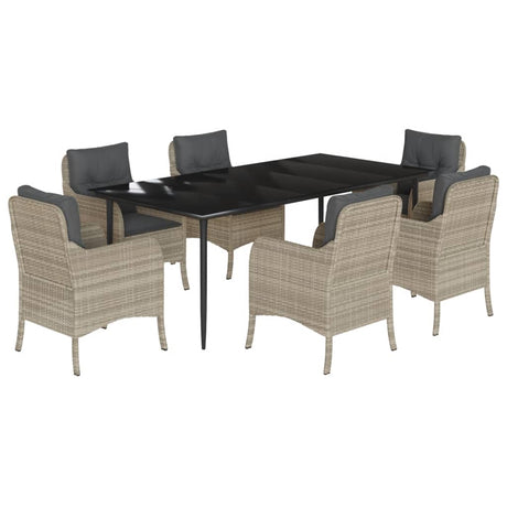 7 Piece Garden Dining Set with Cushions Light Grey Poly Rattan