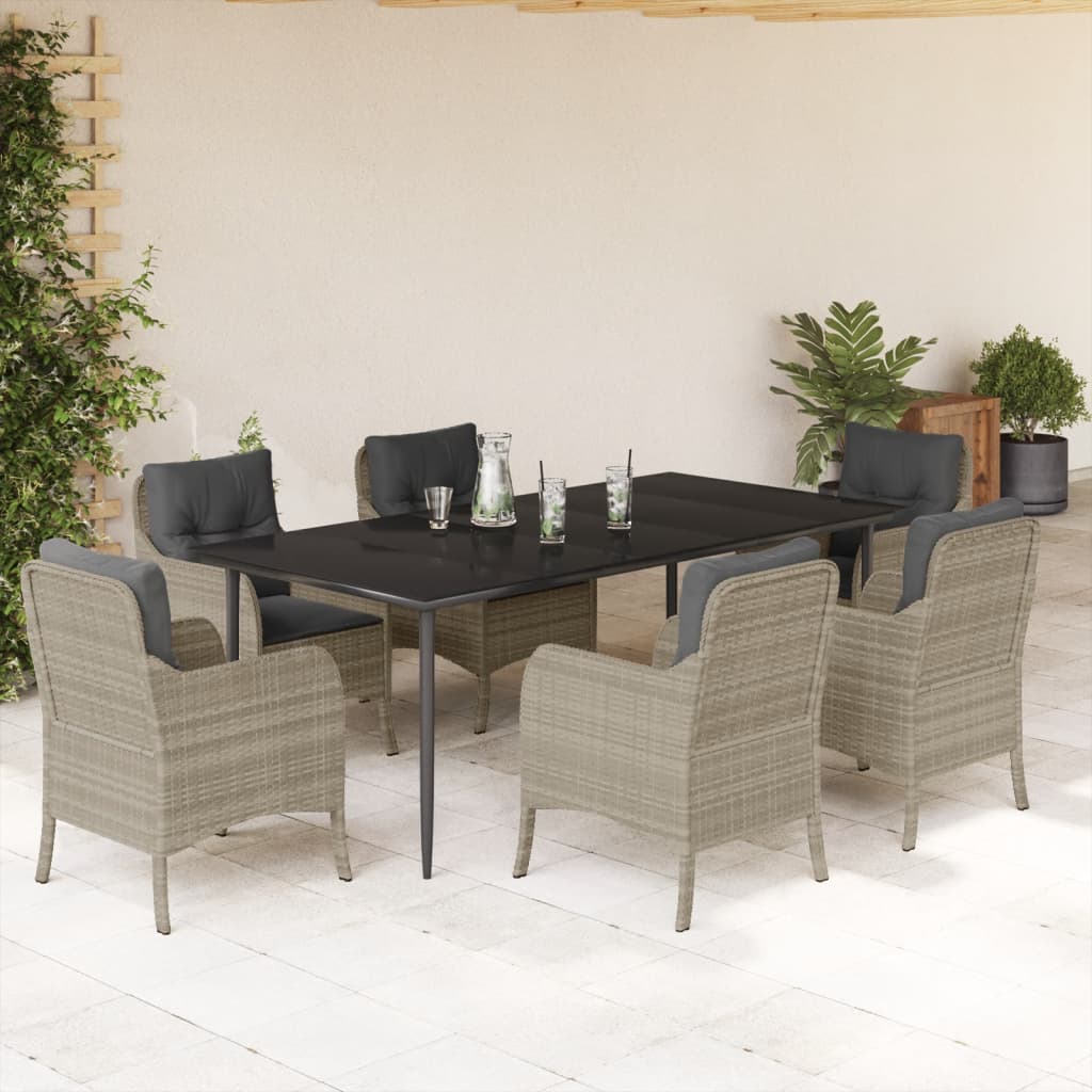 7 Piece Garden Dining Set with Cushions Light Grey Poly Rattan