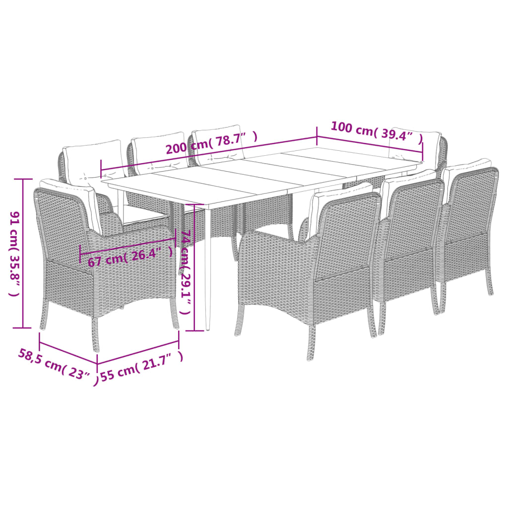 9 Piece Garden Dining Set with Cushions Light Grey Poly Rattan