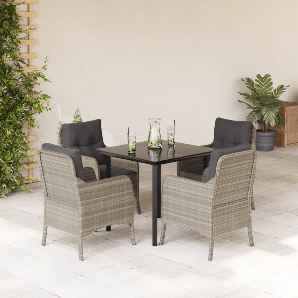 5 Piece Garden Dining Set with Cushions Light Grey Poly Rattan