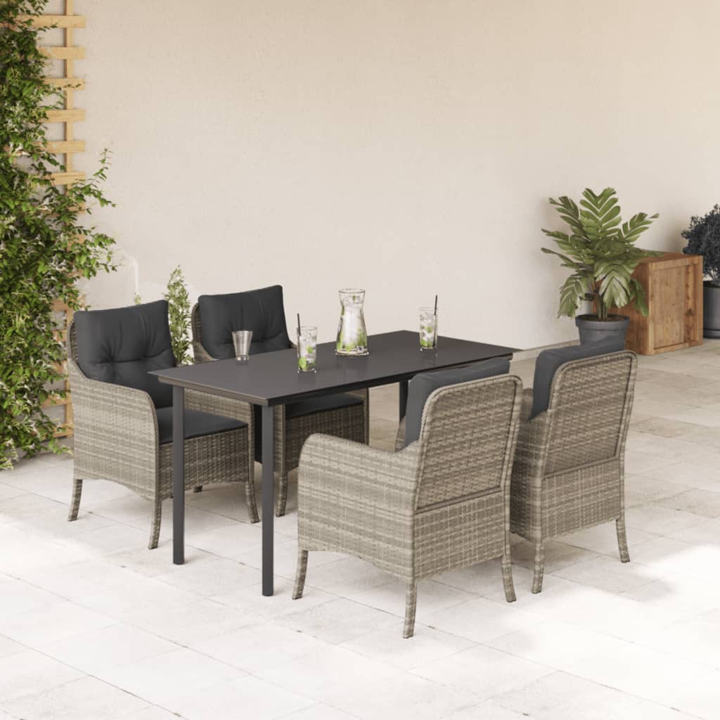 5 Piece Garden Dining Set with Cushions Light Grey Poly Rattan