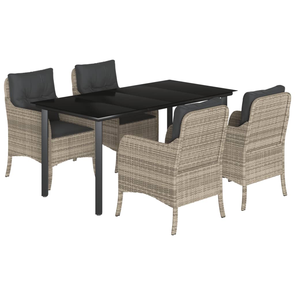 5 Piece Garden Dining Set with Cushions Light Grey Poly Rattan