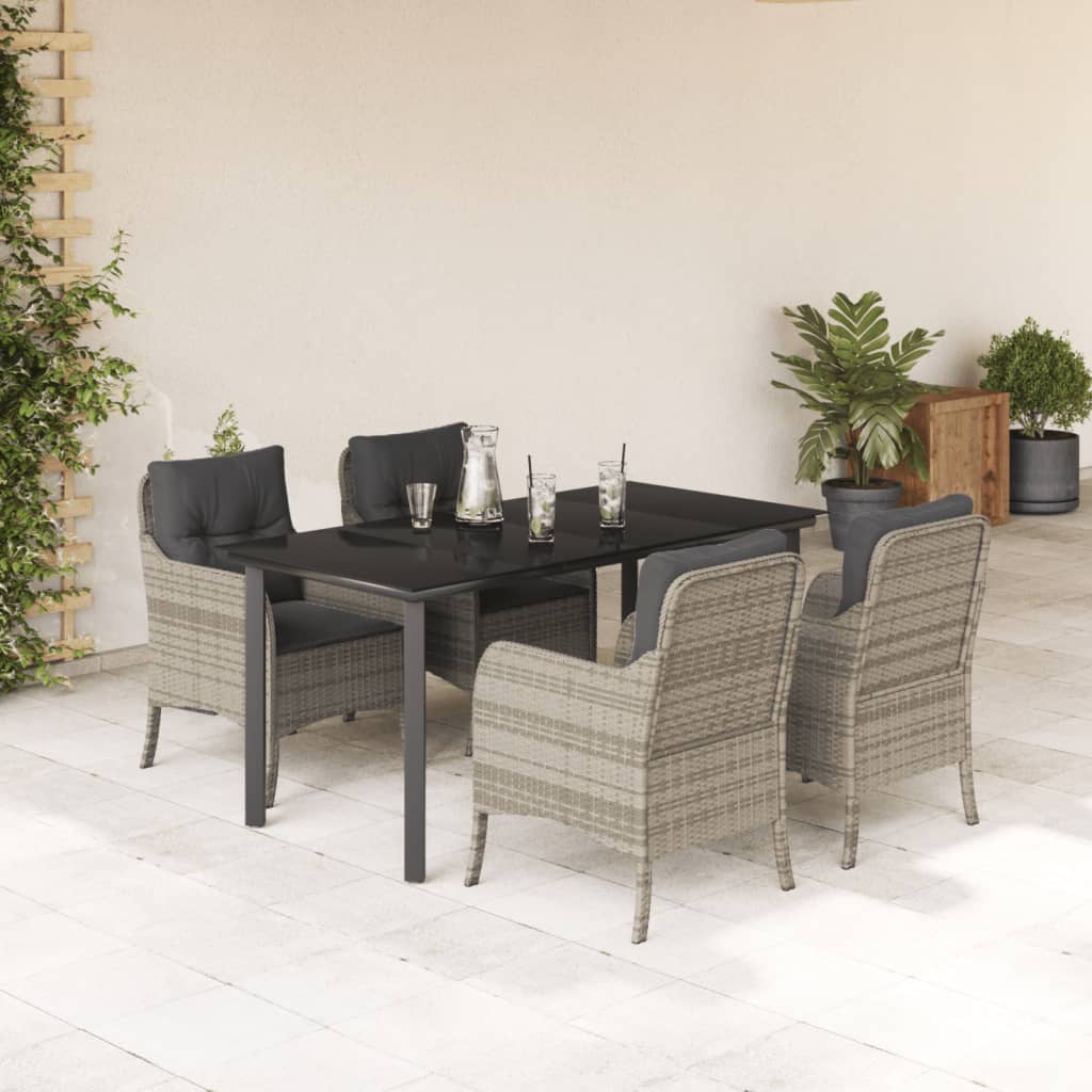 5 Piece Garden Dining Set with Cushions Light Grey Poly Rattan
