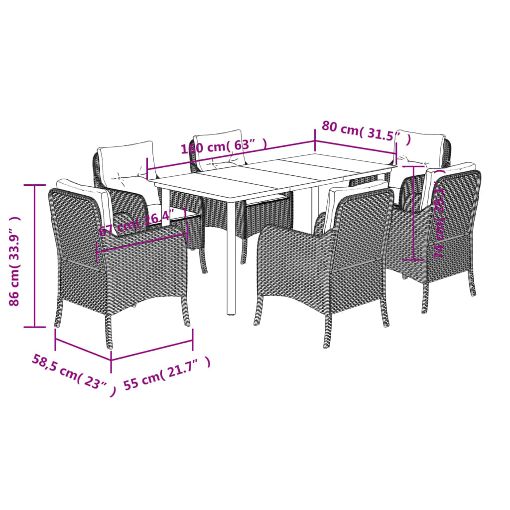 7 Piece Garden Dining Set with Cushions Light Grey Poly Rattan