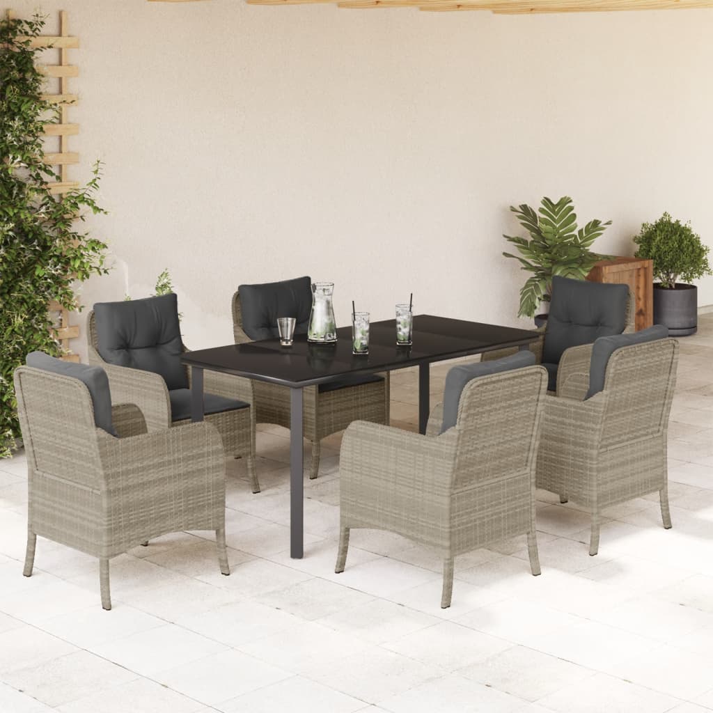 7 Piece Garden Dining Set with Cushions Light Grey Poly Rattan