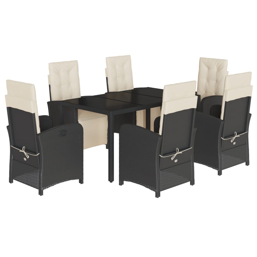 7 Piece Garden Dining Set with Cushions Black Poly Rattan