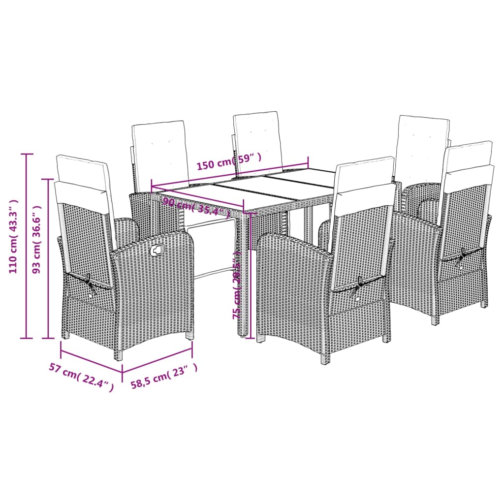 7 Piece Garden Dining Set with Cushions Grey Poly Rattan