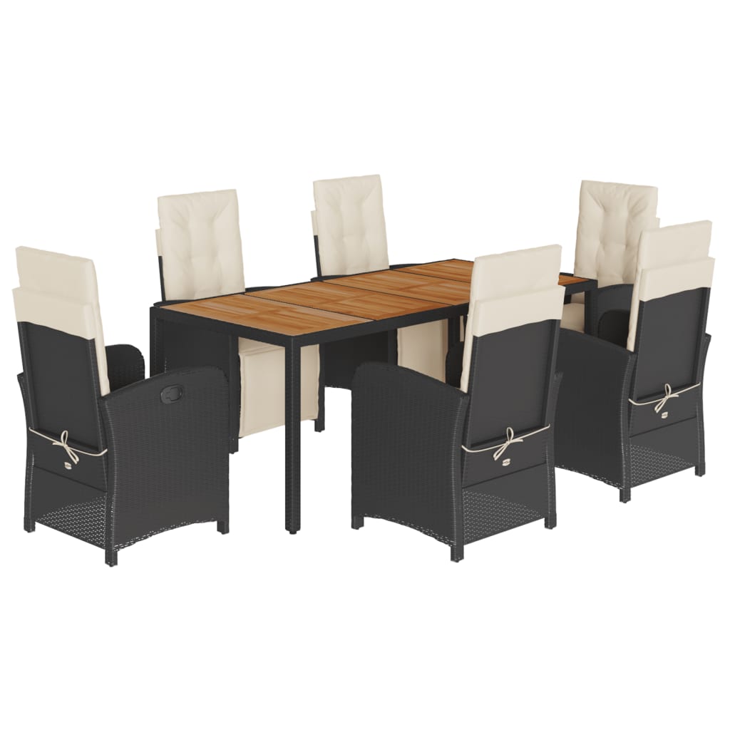 7 Piece Garden Dining Set with Cushions Black Poly Rattan