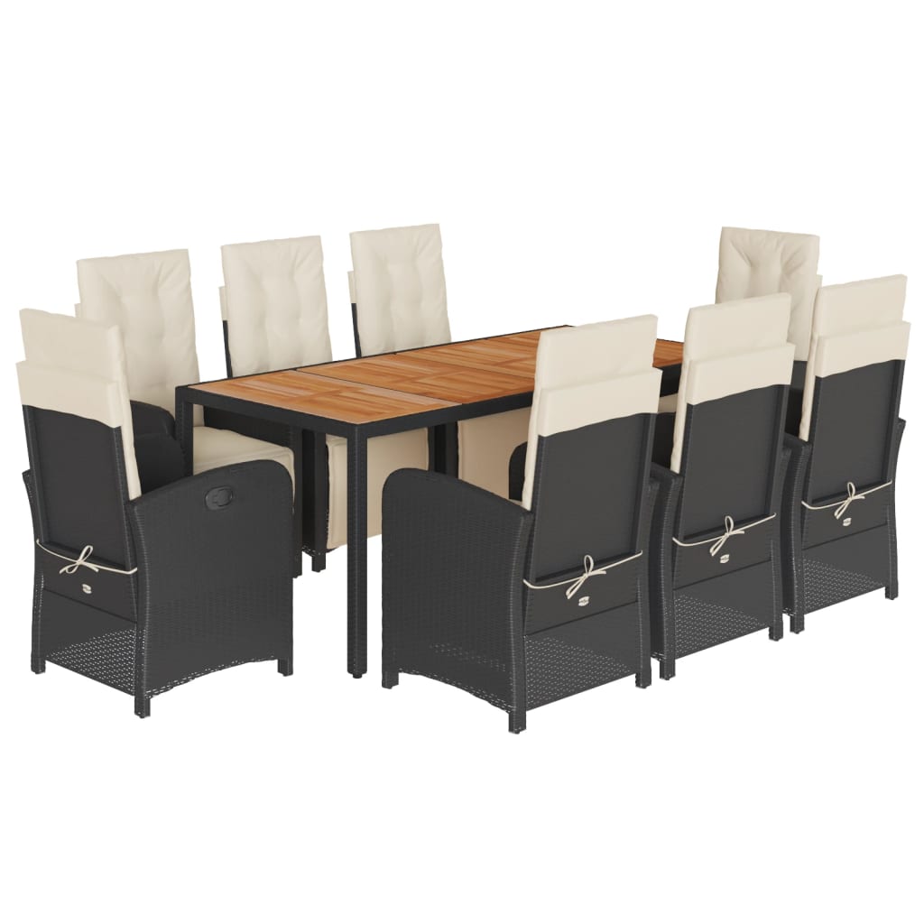 9 Piece Garden Dining Set with Cushions Black Poly Rattan
