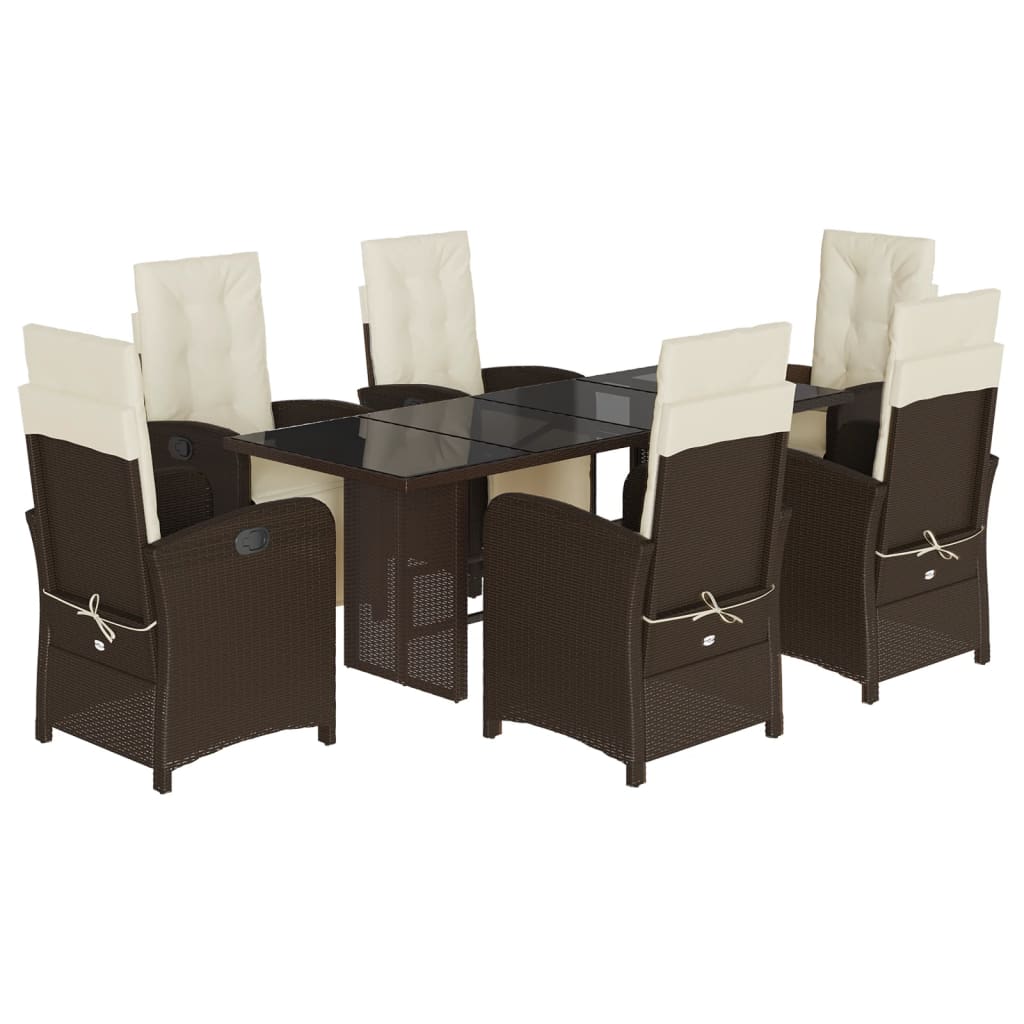 7 Piece Garden Dining Set with Cushions Brown Poly Rattan