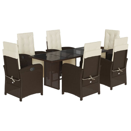 7 Piece Garden Dining Set with Cushions Brown Poly Rattan