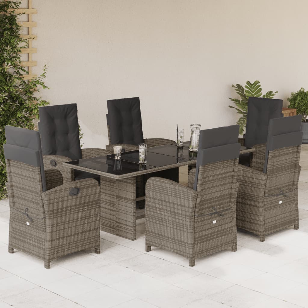 7 Piece Garden Dining Set with Cushions Grey Poly Rattan