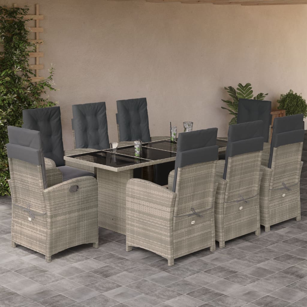 9 Piece Garden Dining Set with Cushions Light Grey Poly Rattan