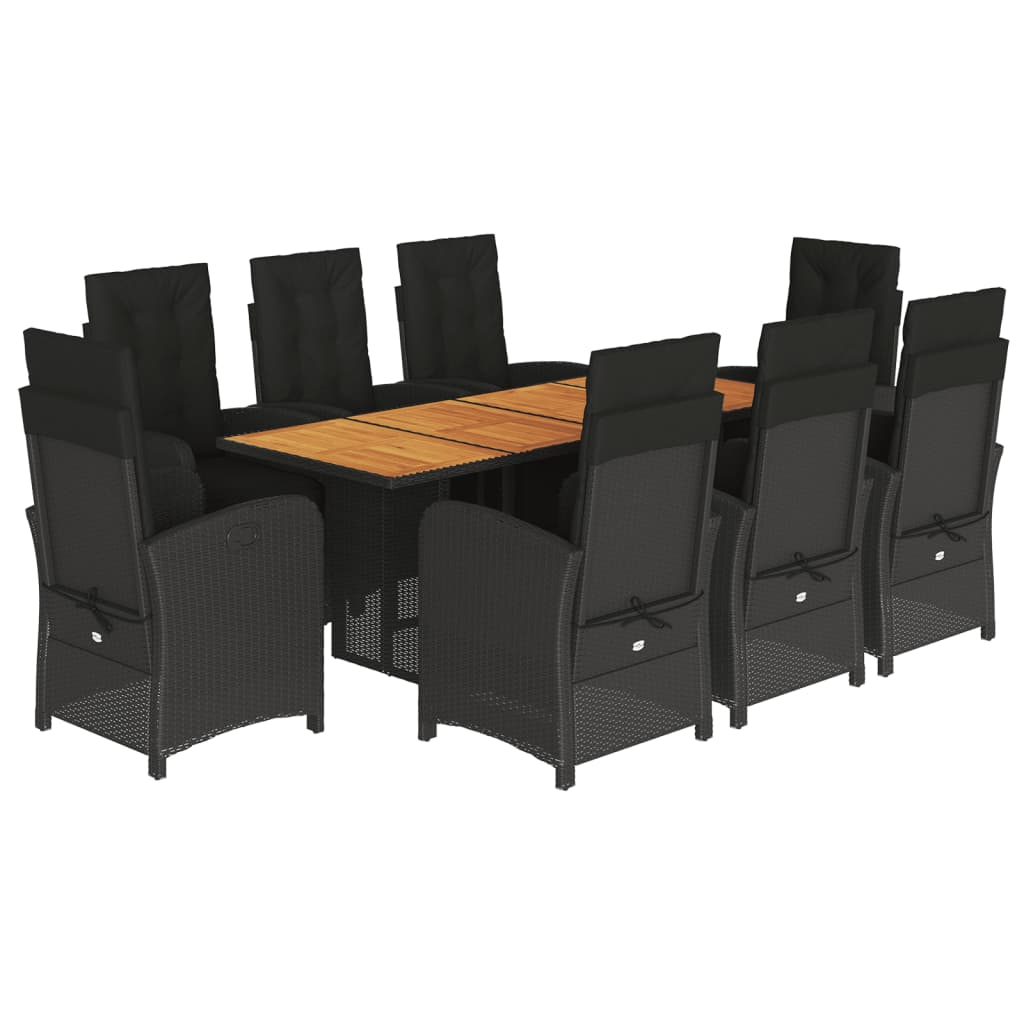 9 Piece Garden Dining Set with Cushions Black Poly Rattan