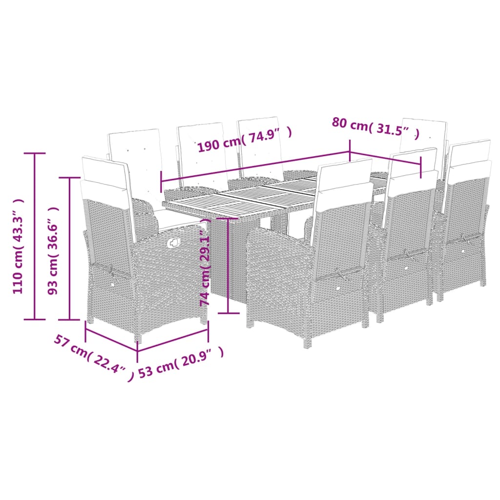 9 Piece Garden Dining Set with Cushions Black Poly Rattan